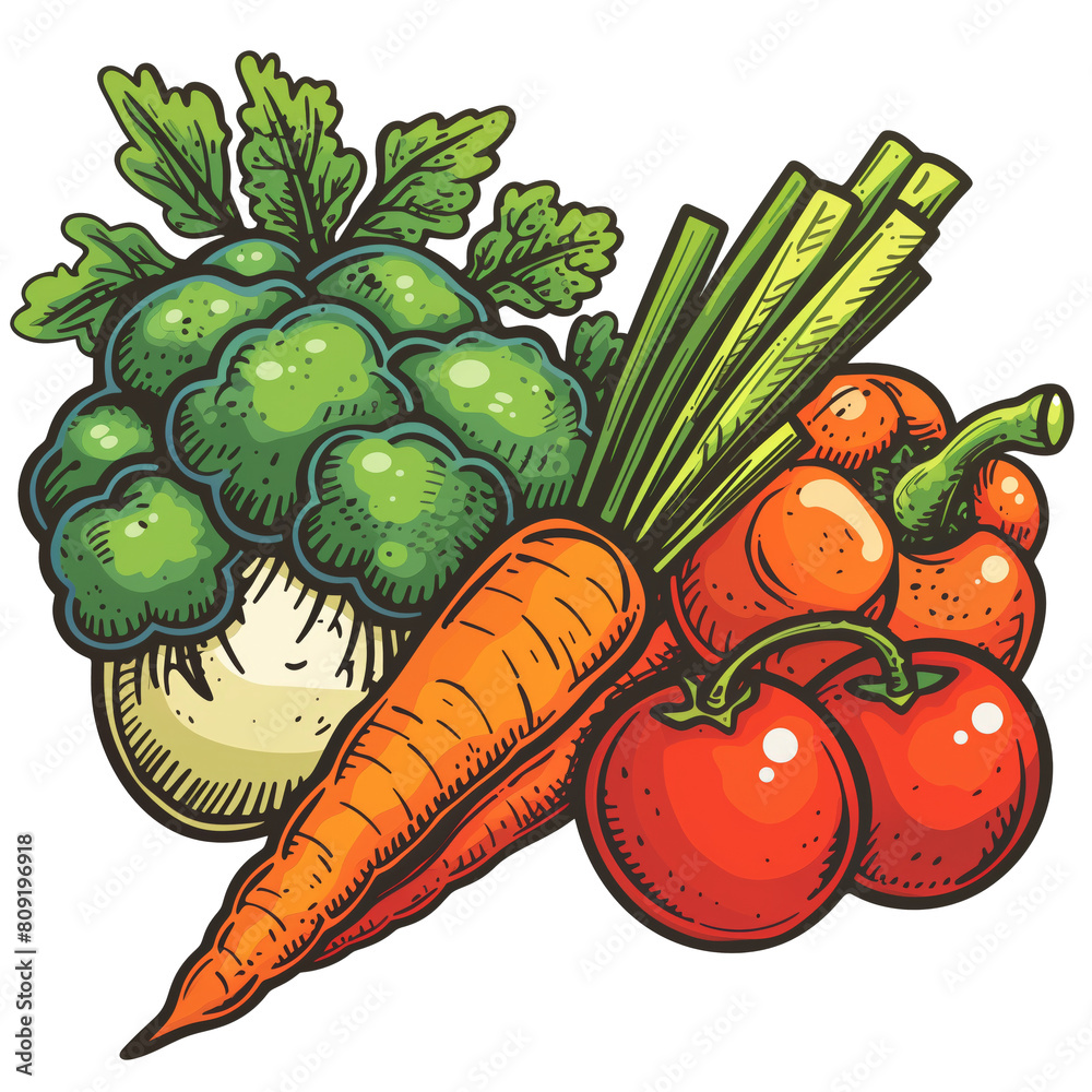 A high-resolution vector illustration of popular vegetables like carrots, broccoli, and tomatoes, each item vividly colored and isolated on a white backdrop A high-resolution vector illustration of popular vegetables like carrots, broccoli, and tomatoes, each item vividly colored and isolated on a white backdrop