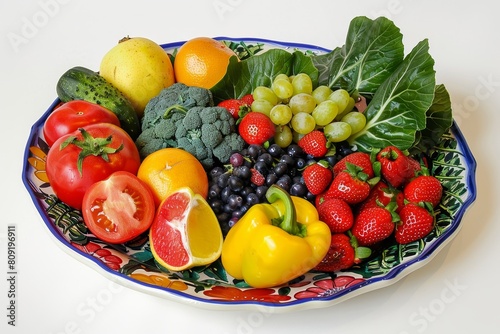 Colorful mix of fresh fruits and vegetables in a bowl  A colorful plate of fresh fruits and vegetables