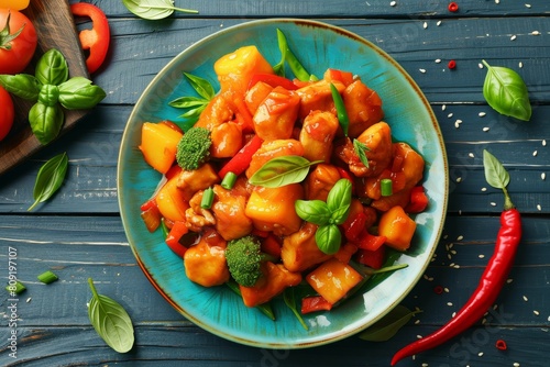 Colorful plate of sweet and sour chicken placed on a table, A colorful plate of sweet and sour chicken with steamed vegetables photo