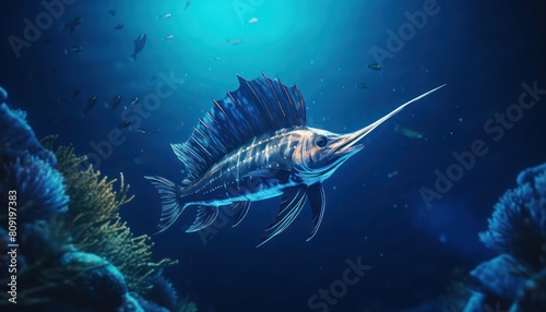 Ikan marlin besar di lautan biru, pemandangan hewan lautan yang memukau
