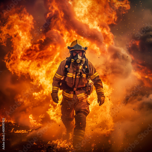 Firefighter charging through a blazing inferno