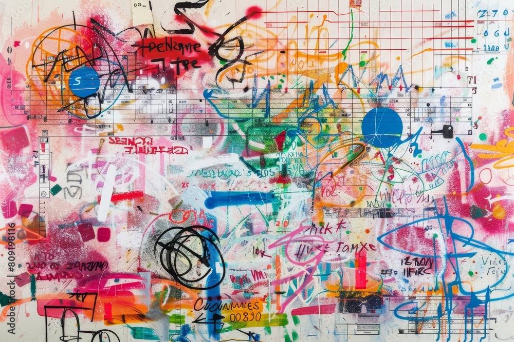 A painting featuring a multitude of different colors creating a vibrant and colorful visual display, A colorful whiteboard covered in equations and doodles