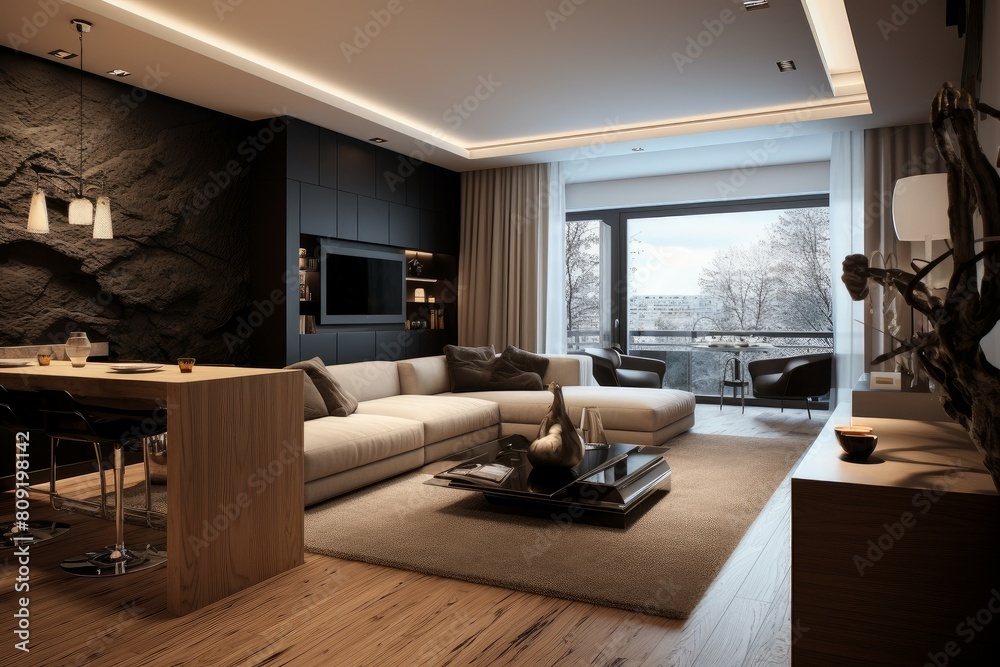 Fototapeta premium Luxurious interior of a modern living room with warm lighting and stylish decor