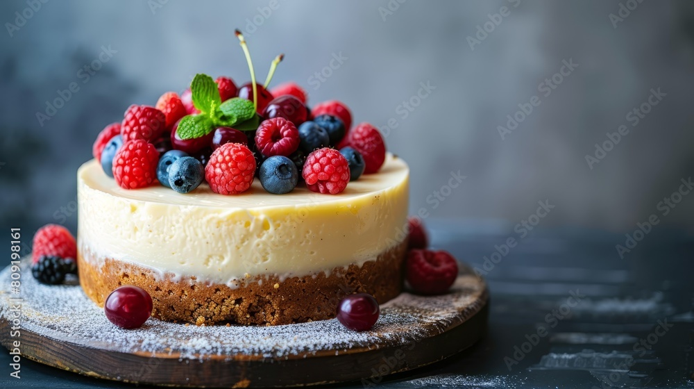   A wood platter holds a cake topped with raspberries, blueberries, and more raspberries