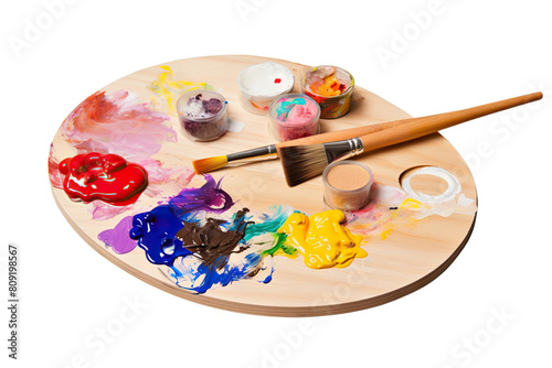 Artistic Creativity Unleashed Wooden Art Palette with Colorful Paint Blobs and Brushes on transparent background