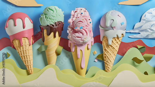 Colorful papercut collage of ice cream cones