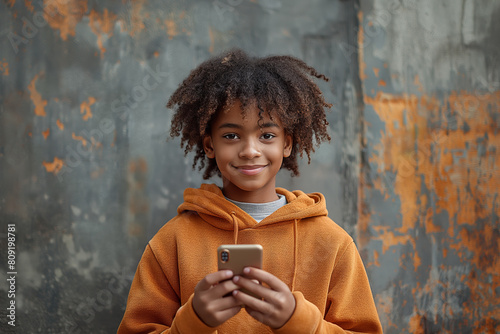 Smiling kid with phone against rustic backdrop photo