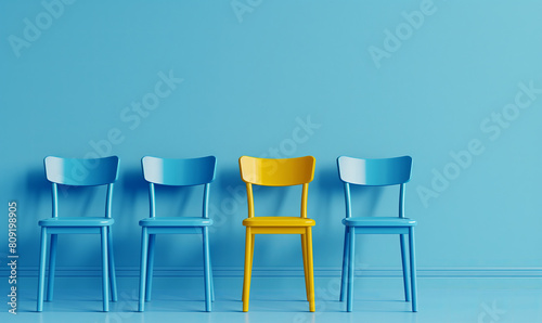 Search for worker  employees concept. Business company hiring new suitable motivated candidate  blue background with chairs.