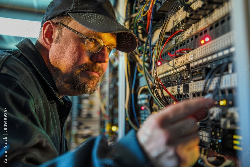 A man wearing a hat and glasses is focused on working on an electrical panel, A computer forensics examiner recovering deleted data from a compromised system A man wearing a hat and glasses is focused on working on an electrical panel, A computer forensics examiner recovering deleted data from a compromised system