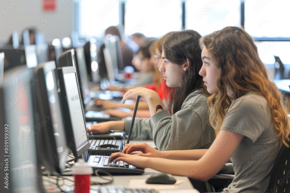 Young women sitting together at a computer desk, typing on laptops in a computer lab, A computer lab with students typing away on laptops, immersed in their work Young women sitting together at a computer desk, typing on laptops in a computer lab, A computer lab with students typing away on laptops, immersed in their work