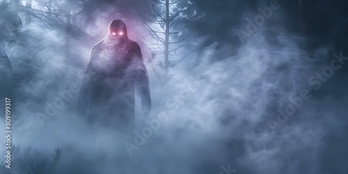 Malevolent ghost lurks in misty forest under moonlight. Concept Horror Photography  Spooky Forest Setting  Malevolent Spirits  Moonlit Scenes  Eerie Atmosphere