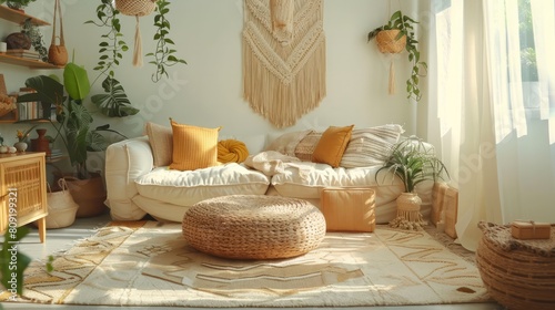 A living room with a white couch and a rug. There are many plants in the room, including a large plant hanging from the ceiling. The room has a cozy and welcoming atmosphere