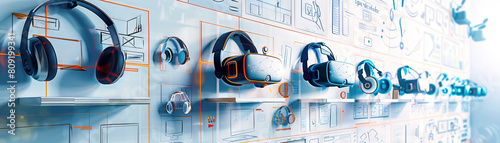 Virtual Reality Designer's Wall: Adorned with VR headset designs, virtual world sketches, and a shelf with VR development kits. photo