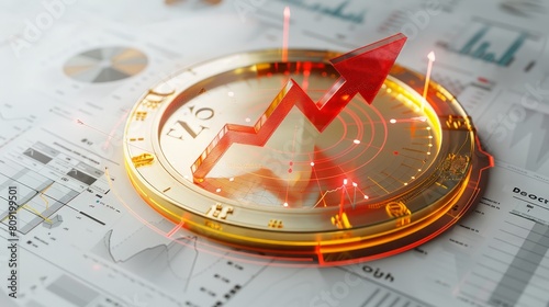 over time growing for success, In 3D, a circular semi transparent ground glass compass textured golden tray with a large red arrow pointing upwards, charts and data, with a clean white background.  photo