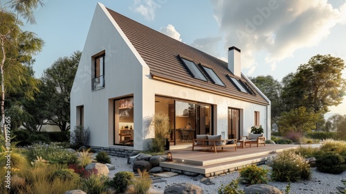 two storey contemporary house in a single block, dormer, pitched roof with closed eaves, scandinavian style, with garden  
