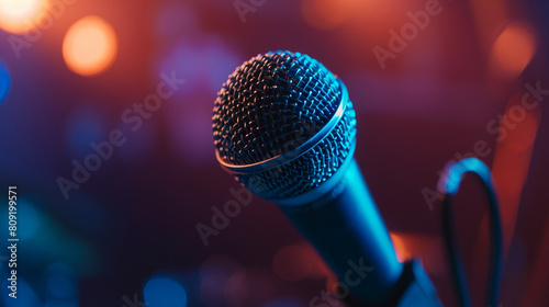microphone on stage. concert hall. empty microphone in studio. 3 d rendering.