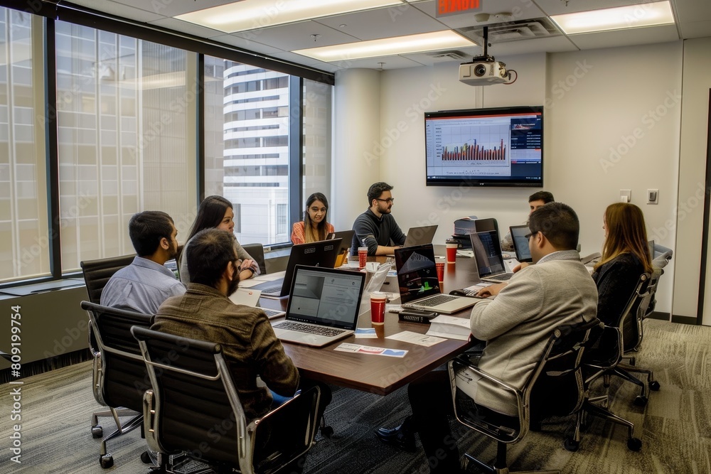 Group of analysts collaborating around a table, working on laptops in a conference room, A conference room with a team of analysts gathered around a table, each looking at data on their laptops Group of analysts collaborating around a table, working on laptops in a conference room, A conference room with a team of analysts gathered around a table, each looking at data on their laptops