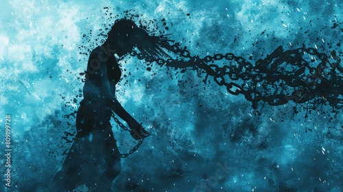 Powerful depiction man of overcoming anxiety, with chains breaking apart and falling