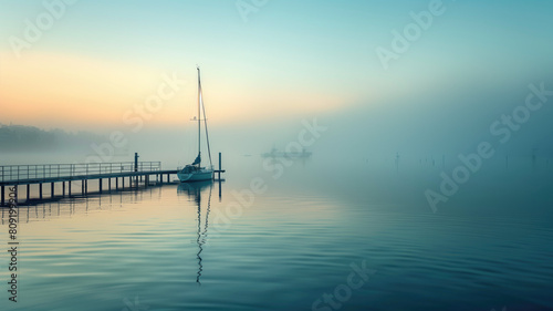 A tranquil morning scene at a harbor with a sailboat in misty conditions.