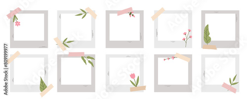 Polaroid photo frames. Summer photo frames  set with herbs, leaves and flowers. Vector collection in flat style.