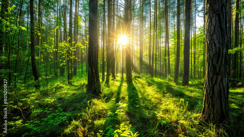 Vibrant image of a lush green forest with sunlight streaming through.