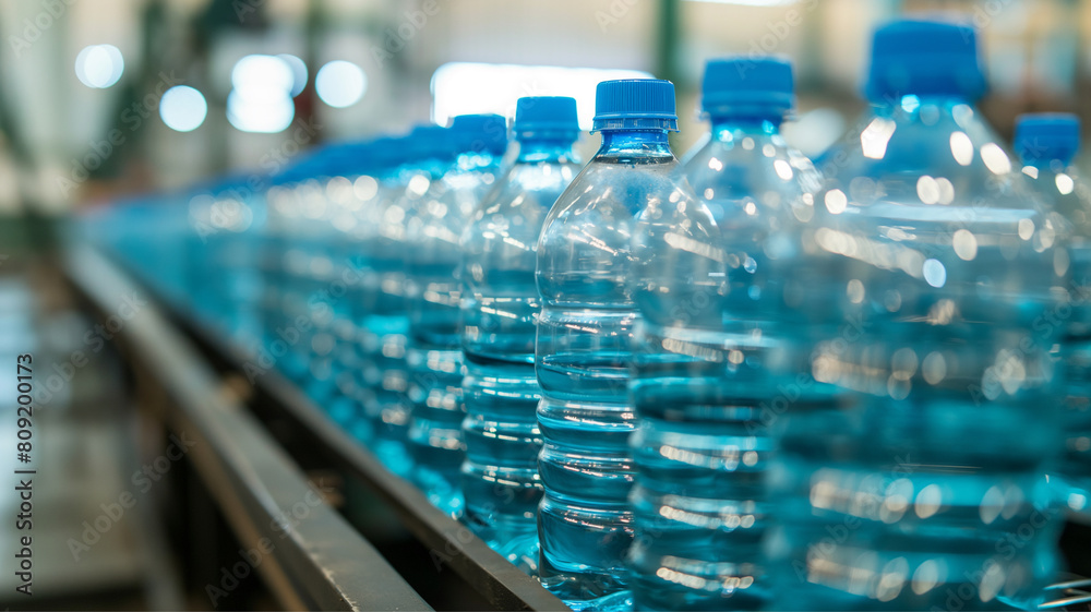 Plastic water bottle factory - bottle production line in factory. plastic production technology, environmental pollution