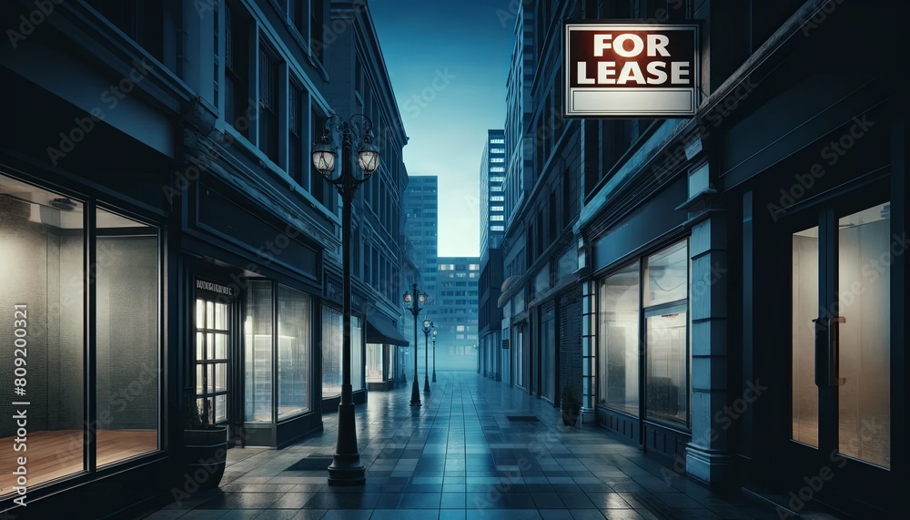 Deserted shopping district in a major city, with closed shops and Deserted shopping district in a major city, with closed shops and