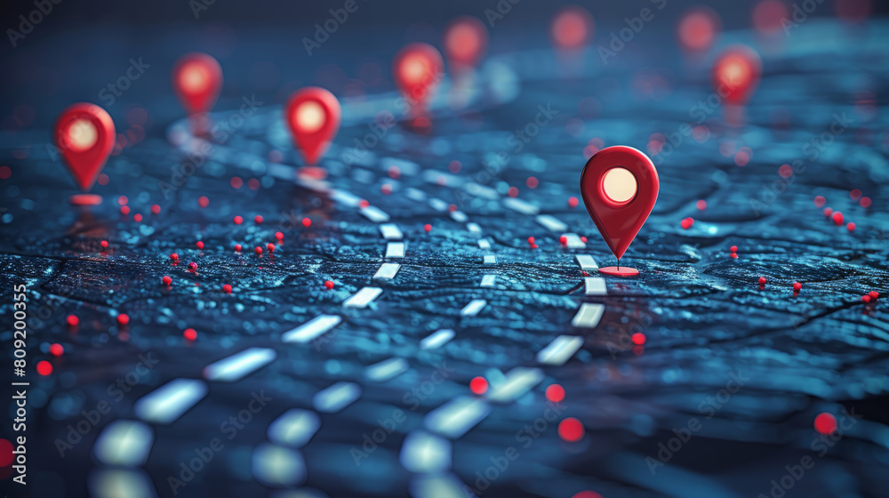 3D navigation concept with red location pins on a winding road 3D navigation concept with red location pins on a winding road