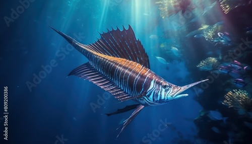 Ikan marlin besar di lautan biru, pemandangan hewan lautan yang memukau