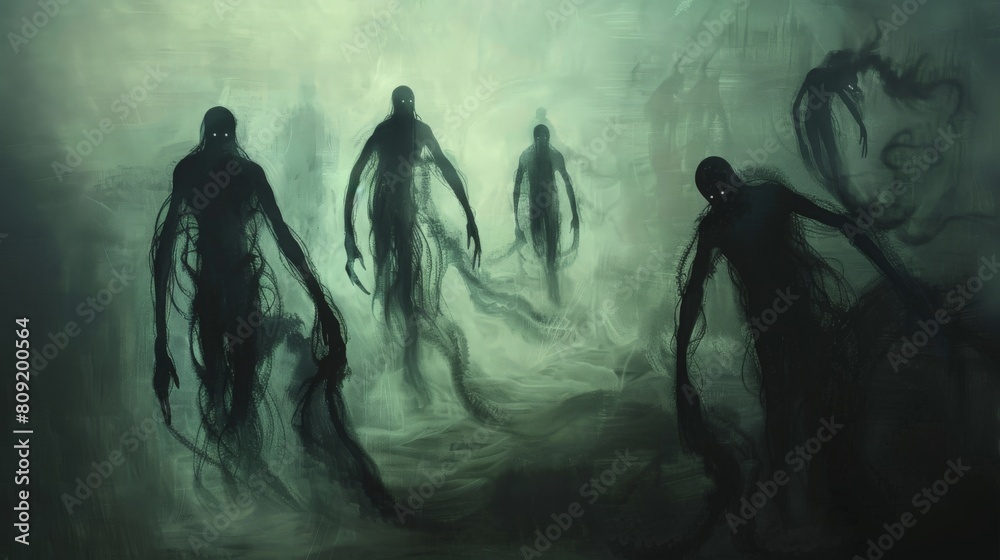 Haunting depiction of psychosis, with shadowy figures lurking in the background Haunting depiction of psychosis, with shadowy figures lurking in the background