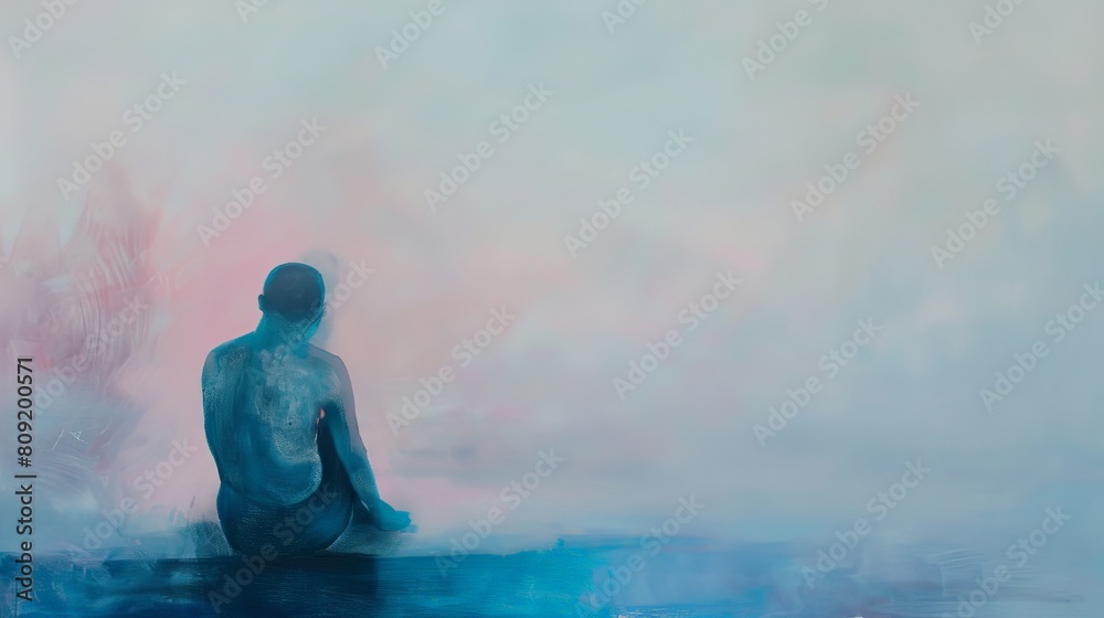 Solitary man sitting in contemplation amidst a backdrop of soft pink and blue