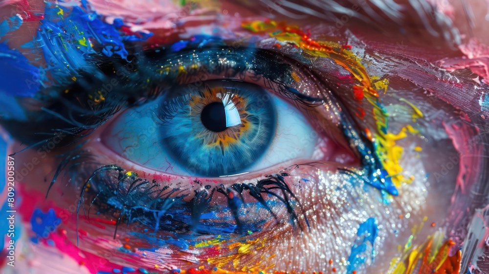 Creative sight. Painted eyes with colorful brushes