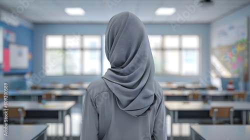 back view of a teacher wearing headscarf looking at the empty class room