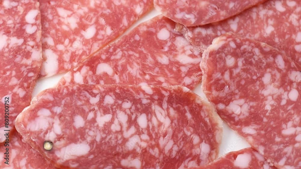 slices of Felino PGI salami,fette di salame Felino IGP,cold cuts macro close-up,rotating video slices of Felino PGI salami,fette di salame Felino IGP,cold cuts macro close-up,rotating video