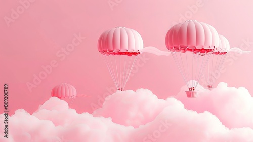 A 3D concept design depicting pink parachute delivery objects descending through white clouds against a pink background, showcasing transportation in the air. photo