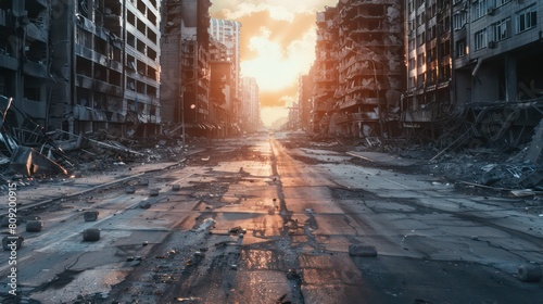 Apocalypse survivor concept, Ruins of a city. Apocalyptic landscape 3d render , 3d illustration concept photo