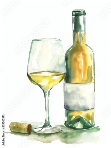 Garrafa de vinho em aquarela no fundo branco - Ilustração 