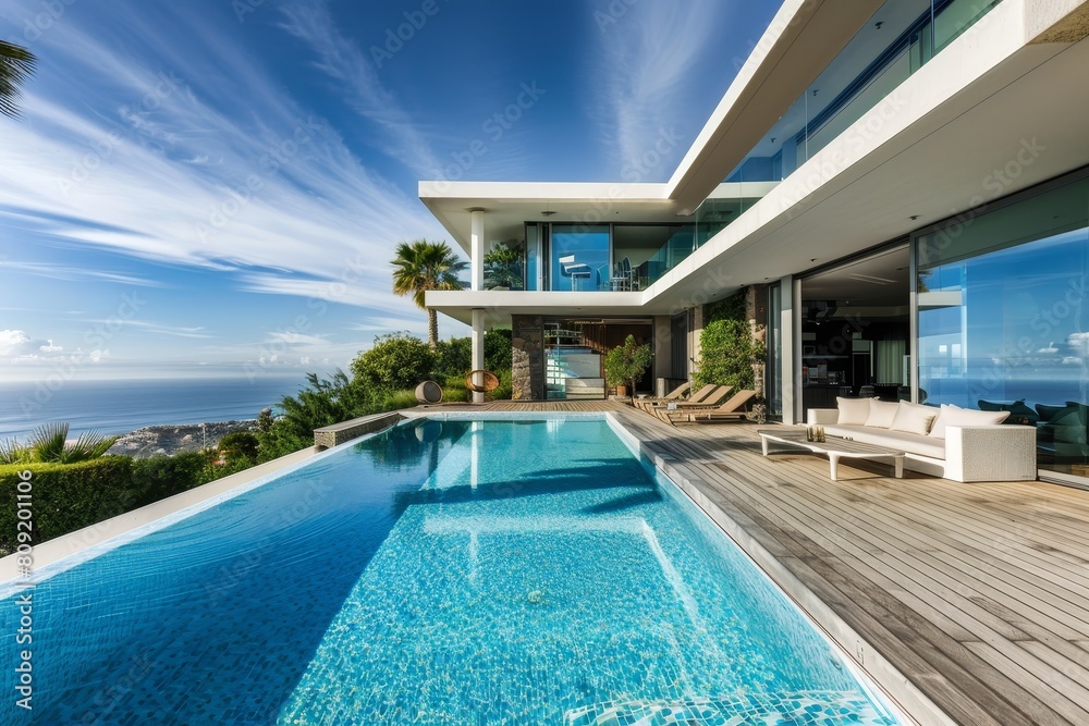Obraz premium A contemporary villa features a large swimming pool in the front yard, A contemporary villa with minimalist design and infinity pool