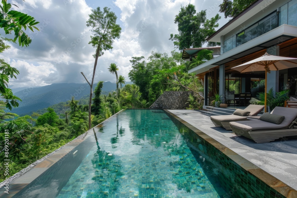 A large swimming pool surrounded by a lush green forest in a contemporary setting, A contemporary villa with minimalist design and infinity pool