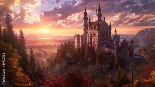 Fairy tale castle at dusk. 3d rendering photo