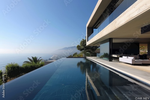 A contemporary villas spacious swimming pool offers a stunning view of the vast ocean, A contemporary villa with minimalist design and infinity pool