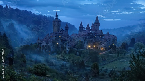 Fairy tale castle at dusk. 3d rendering
