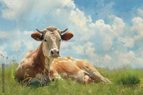 A contented brown and white cow relaxing in the grassy meadow under the sun  A contented cow lounging in a sunny meadow