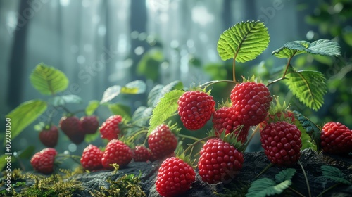 A close up of a bunch of red raspberries on a rock. The berries are ripe and ready to be picked. The image has a peaceful and calming mood  as the raspberries are surrounded by nature and the forest