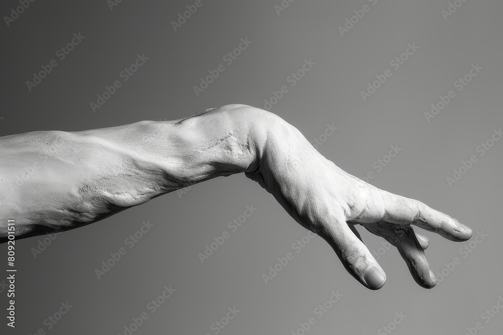 Black and white close-up of a contorted arm reaching for something with fingers outstretched, A contorted arm, bent at an unnatural angle