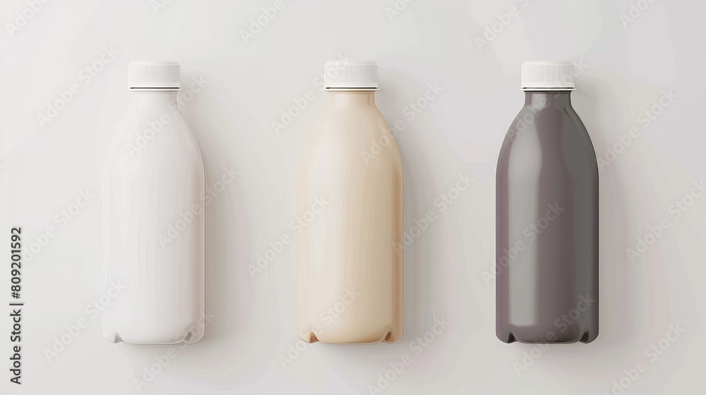 A 3D mockup displays plastic bottles for milk, yogurt, drinks, and shampoo, complete with lids, against a white background. This vector illustration serves as a template for liquid packaging design. A 3D mockup displays plastic bottles for milk, yogurt, drinks, and shampoo, complete with lids, against a white background. This vector illustration serves as a template for liquid packaging design.