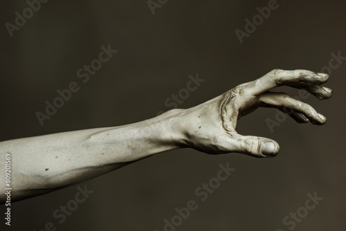 A hand with white paint applied, showing fingers and palm in a contorted position, A contorted arm, bent at an unnatural angle