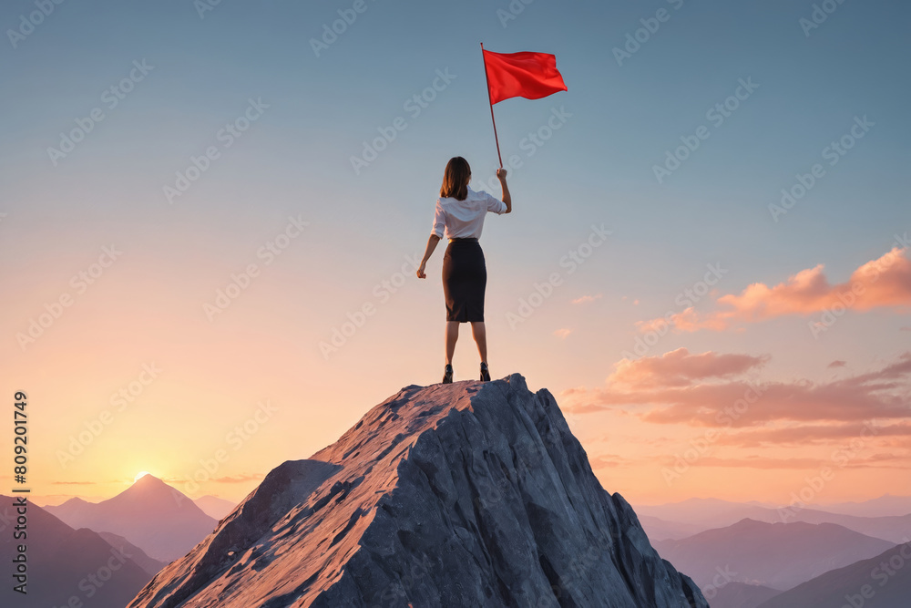 Obraz premium Victorious Ascent: Hiker with Red Flag on Mountain Top