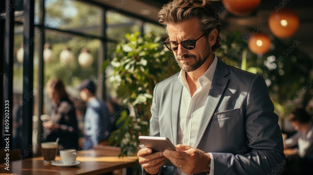 Handsome young businessman using mobile phone while sitting in a cafe