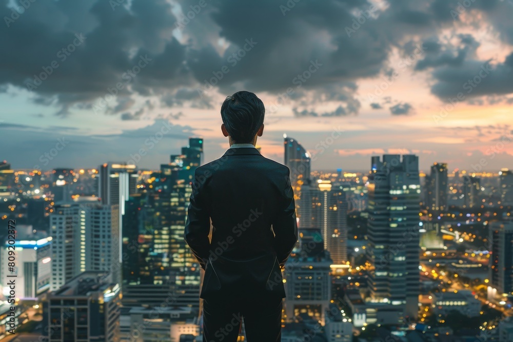 A corporate leader in a sharp suit standing on the edge of a tall building, overseeing the city below, A corporate leader wearing a sharp suit and looking out at a bustling city skyline A corporate leader in a sharp suit standing on the edge of a tall building, overseeing the city below, A corporate leader wearing a sharp suit and looking out at a bustling city skyline
